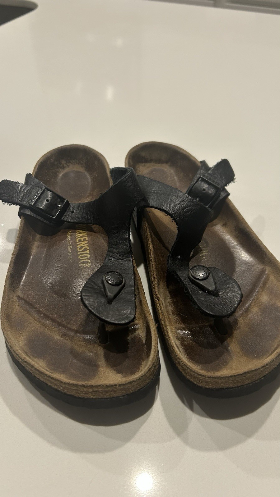 Birkenstock Women’s Black Leather Thong Sandals Narrow Buckle Cork Footbed
