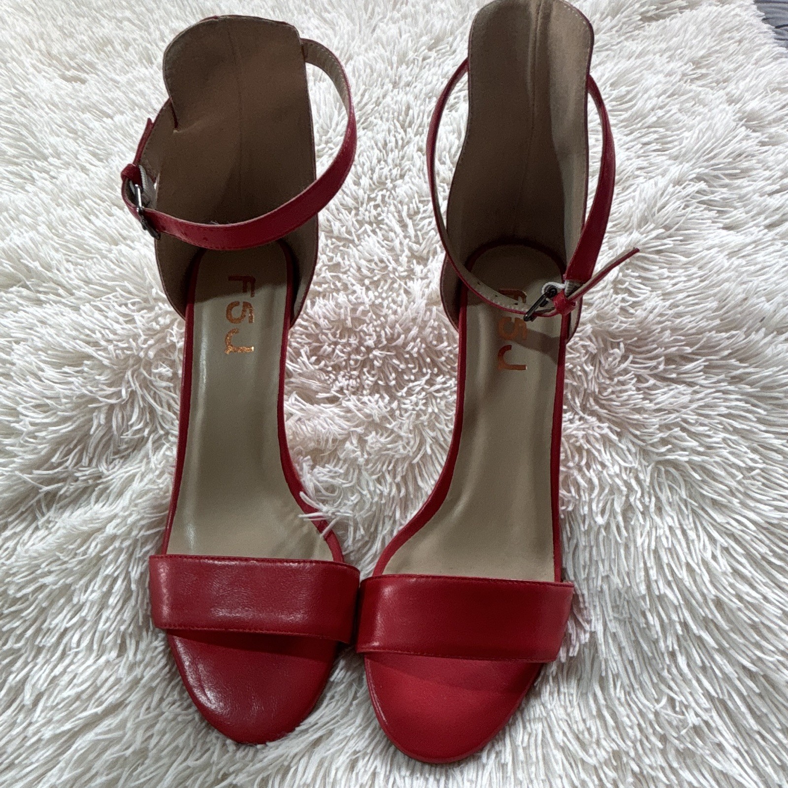 FSJ Cherry Red Ankle Strap 3 Inch Heel Sandal Size 12 Women’s Shoes