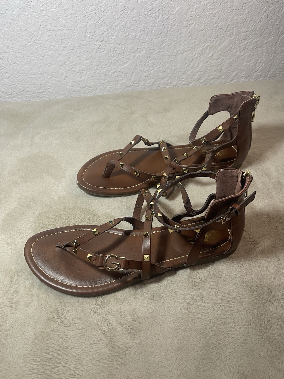 GBG Women’s Brown Strappy Studded Ankle Strap Zip Faux Leather Sandals 9