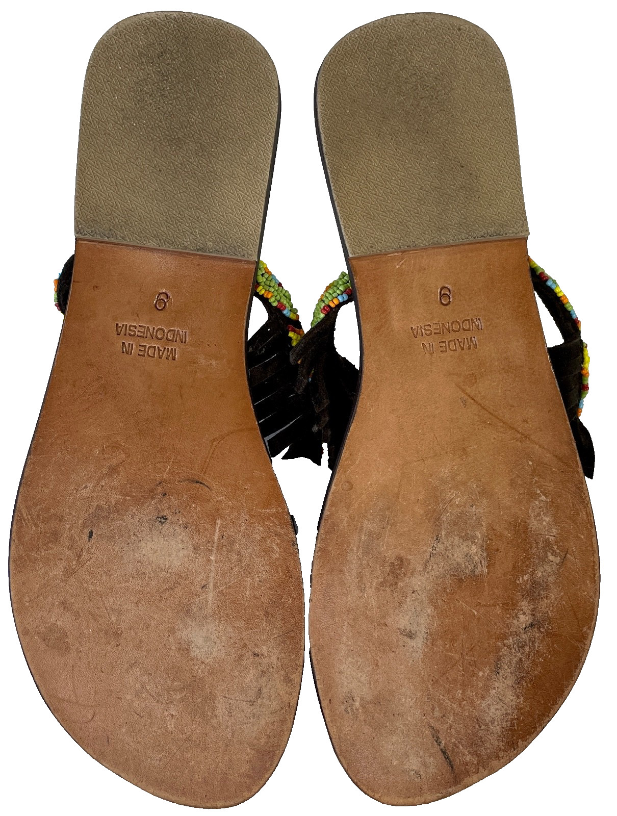 MYSTIQUE Handmade Beaded Suede Leather Fringe Thong Sandal 9 fits 8 Brown $240
