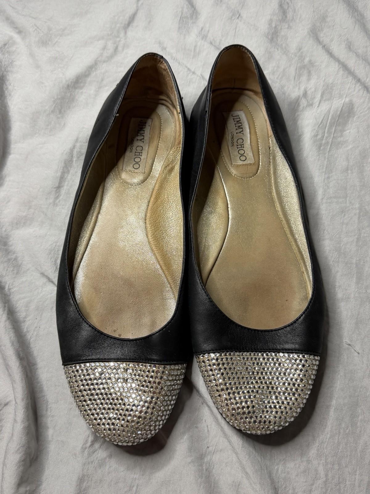 Jimmy Choo Women’s Black/Silver Rhinestone Cap Toe Ballet Flats Slip-On Round