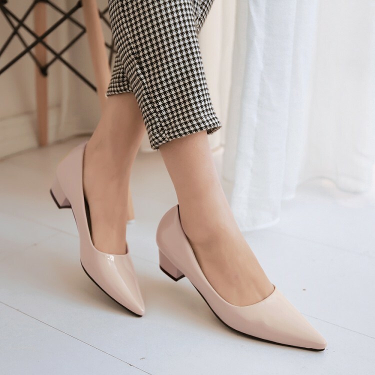 Pointy Toe Patent leather Shoes Womens Trendy Block Pumps Mid Heels Plus Size