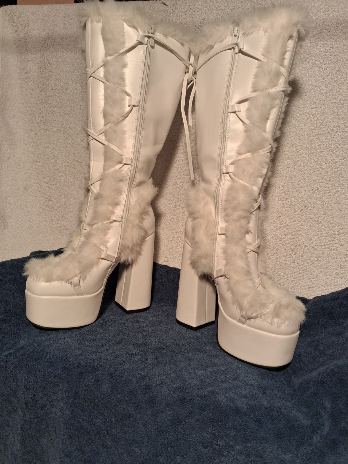Womens Cream Platform Knee High Boots Faux Fur Trim Lace Up 6in Heel
