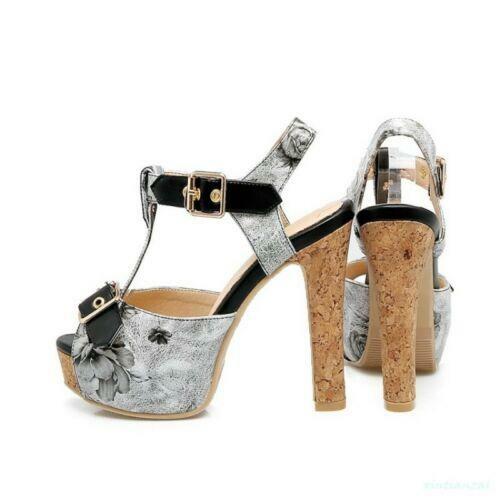 Floral Women’s T Strap Sandals High Heel Shoes Peep Toe Platform Party Plus Size
