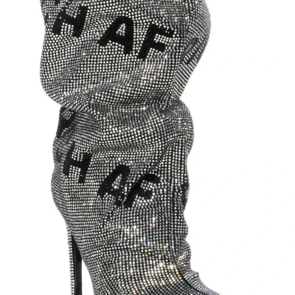 AZALEA WANG «AUTHENTICALLY AF» RHINESTONE KNEE HIGH BOOT IN SILVER Size 11