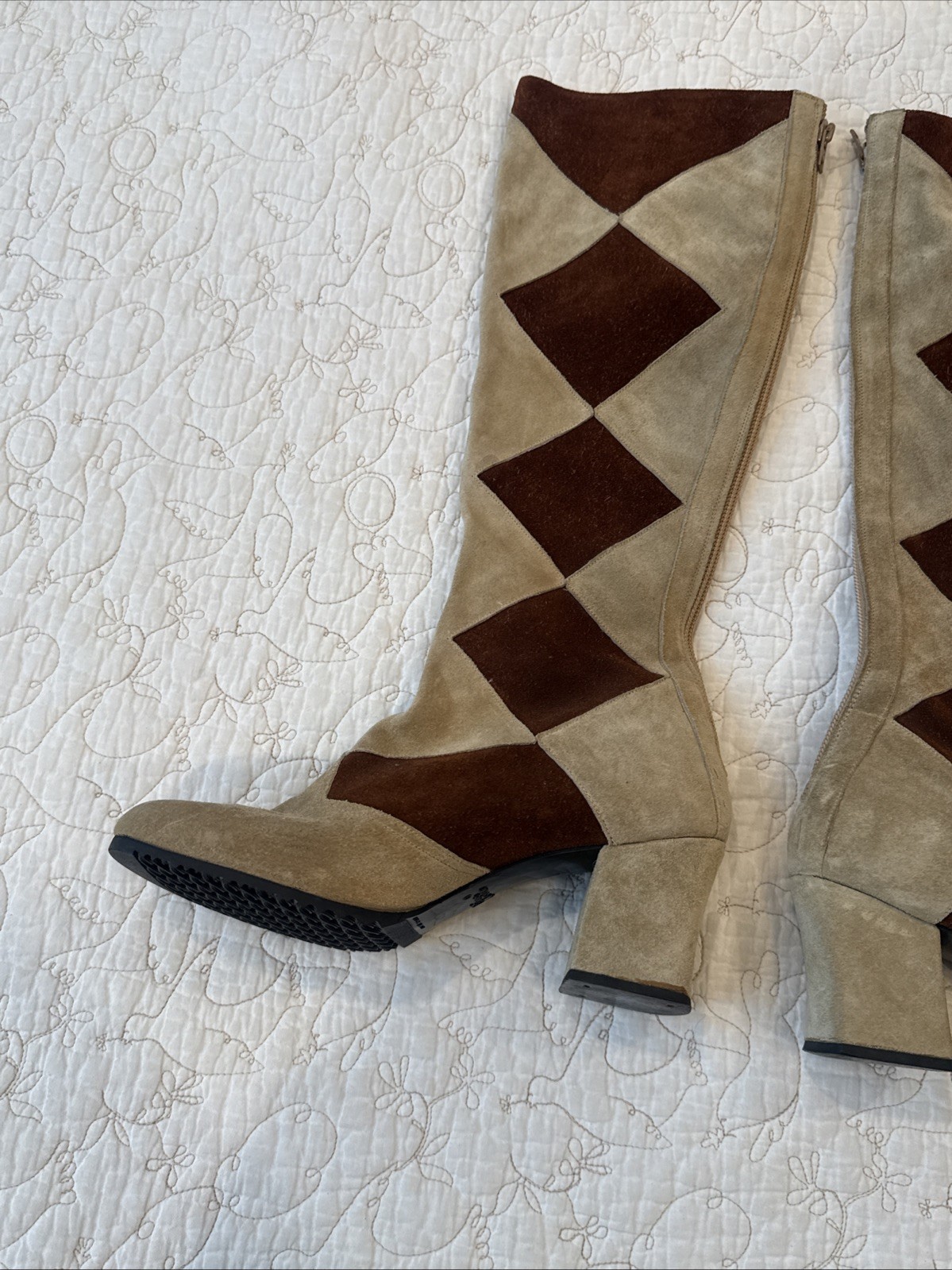 Vtg Flamenco Spain Suede Patchwork High Heel Boots Women’s 7.5 Brown Tan Leather