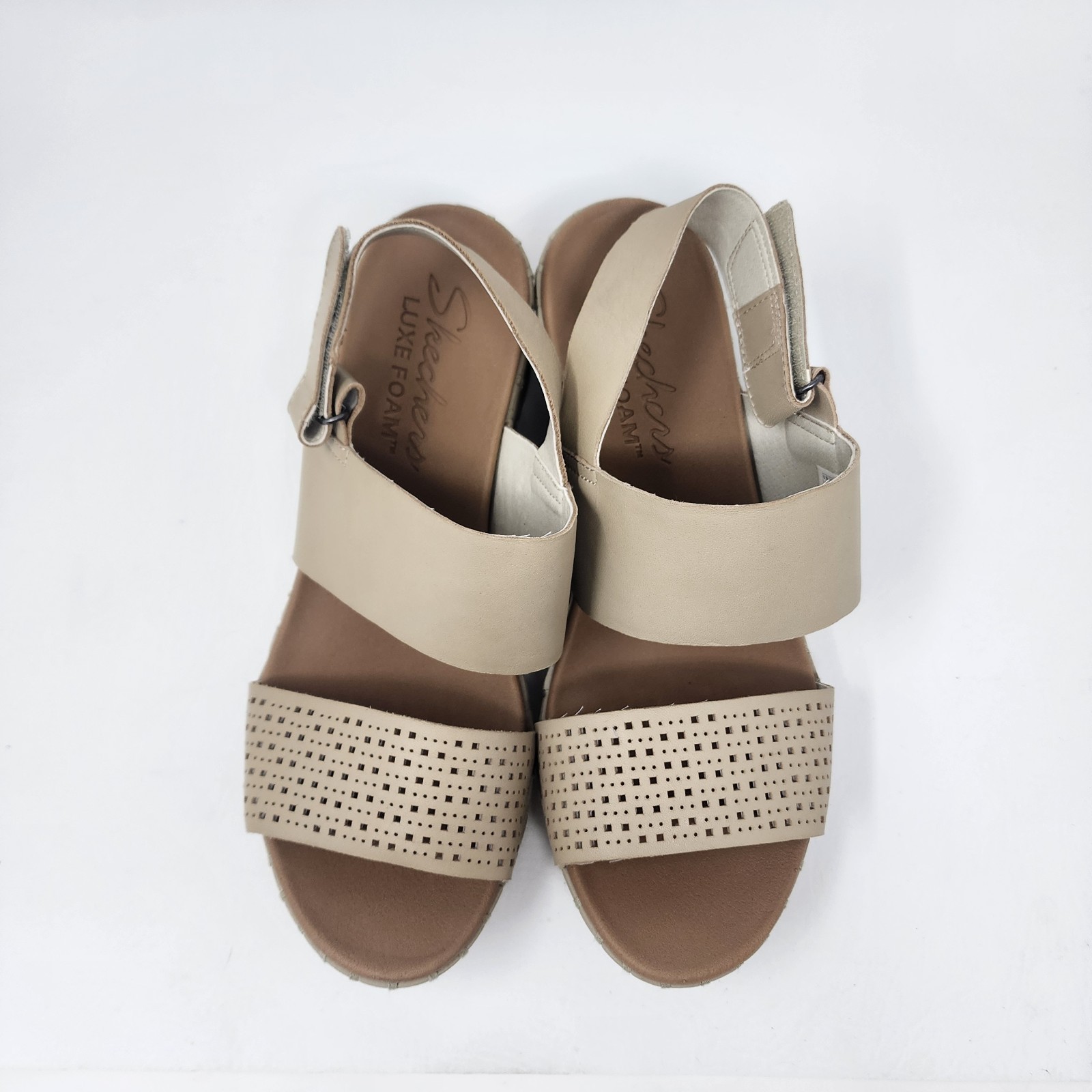 Skechers Luxe Foam Pier Ave Taupe Leather Wedge Slingback Sandals Size 9 Resort
