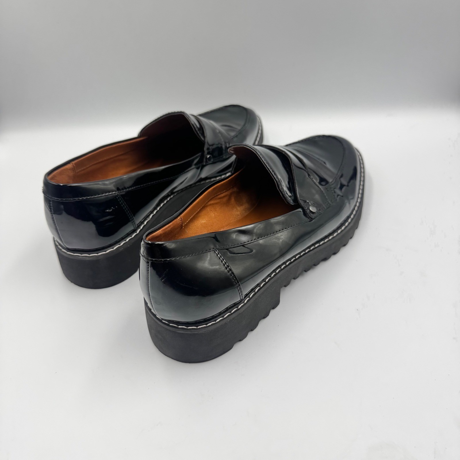 Franco Sarto Cassandra Black Patent Penny Loafers Lug Sole Womens 10M