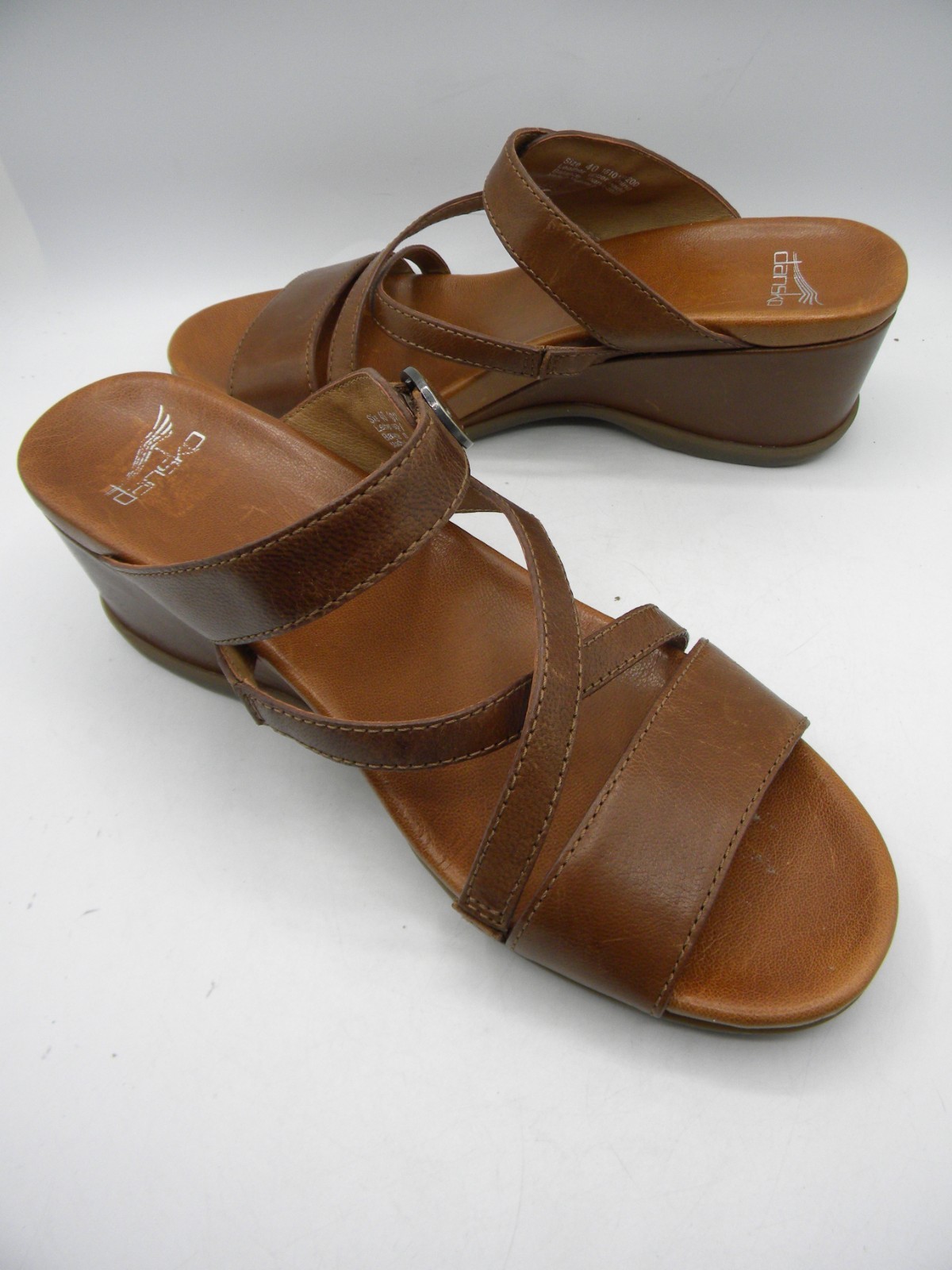 DANSKO Ana Brown Leather Wedge Heel Strappy Slide Sandals Size 40 Display