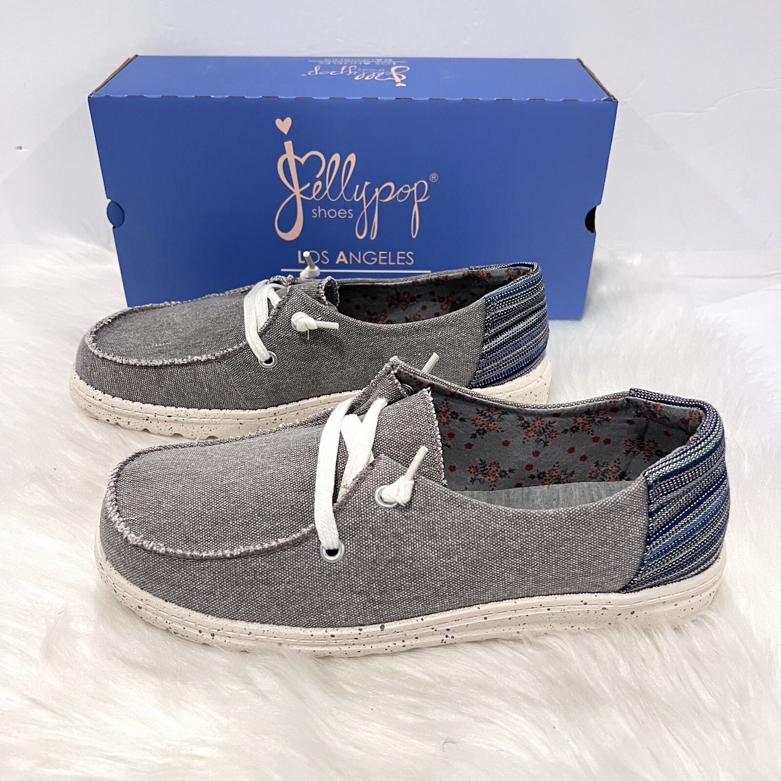 Jellypop Women’s Comfort Carter Gray/Blue Canvas Slip On Loafer Shoes Sz 6.5