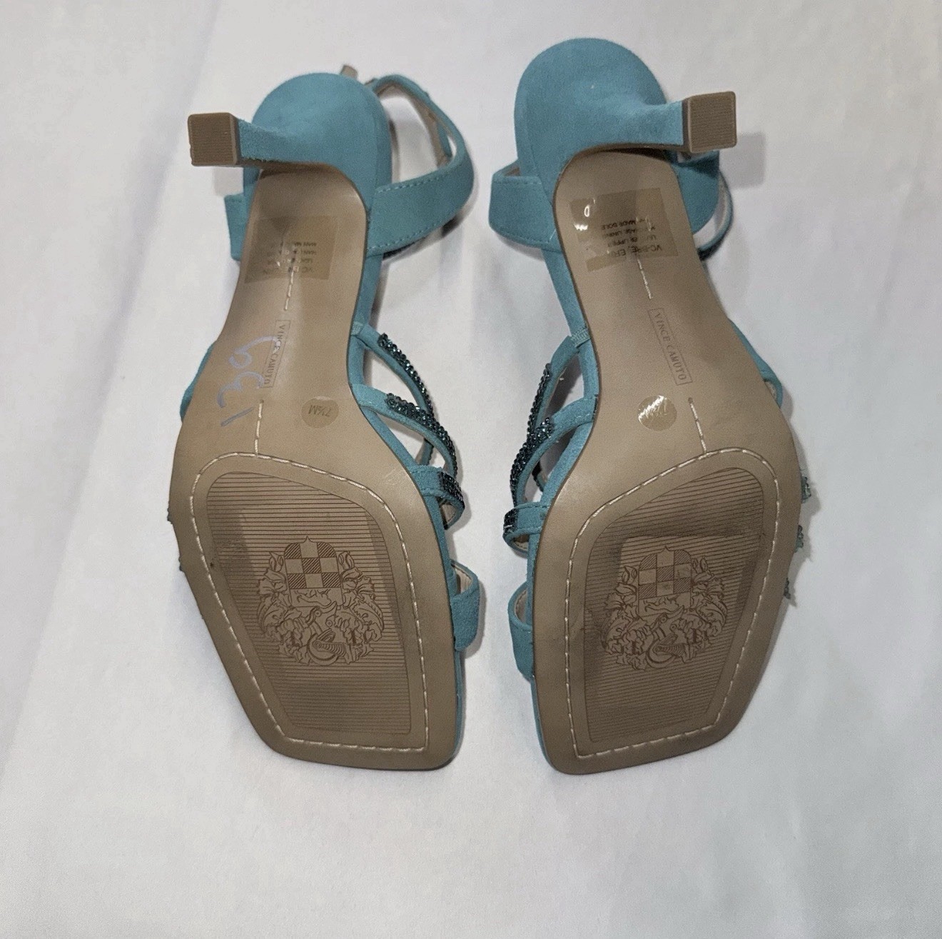 Vince Camuto Blue Leather Rhinestone Ankle Strap Square Toe Heels Womens 7.5