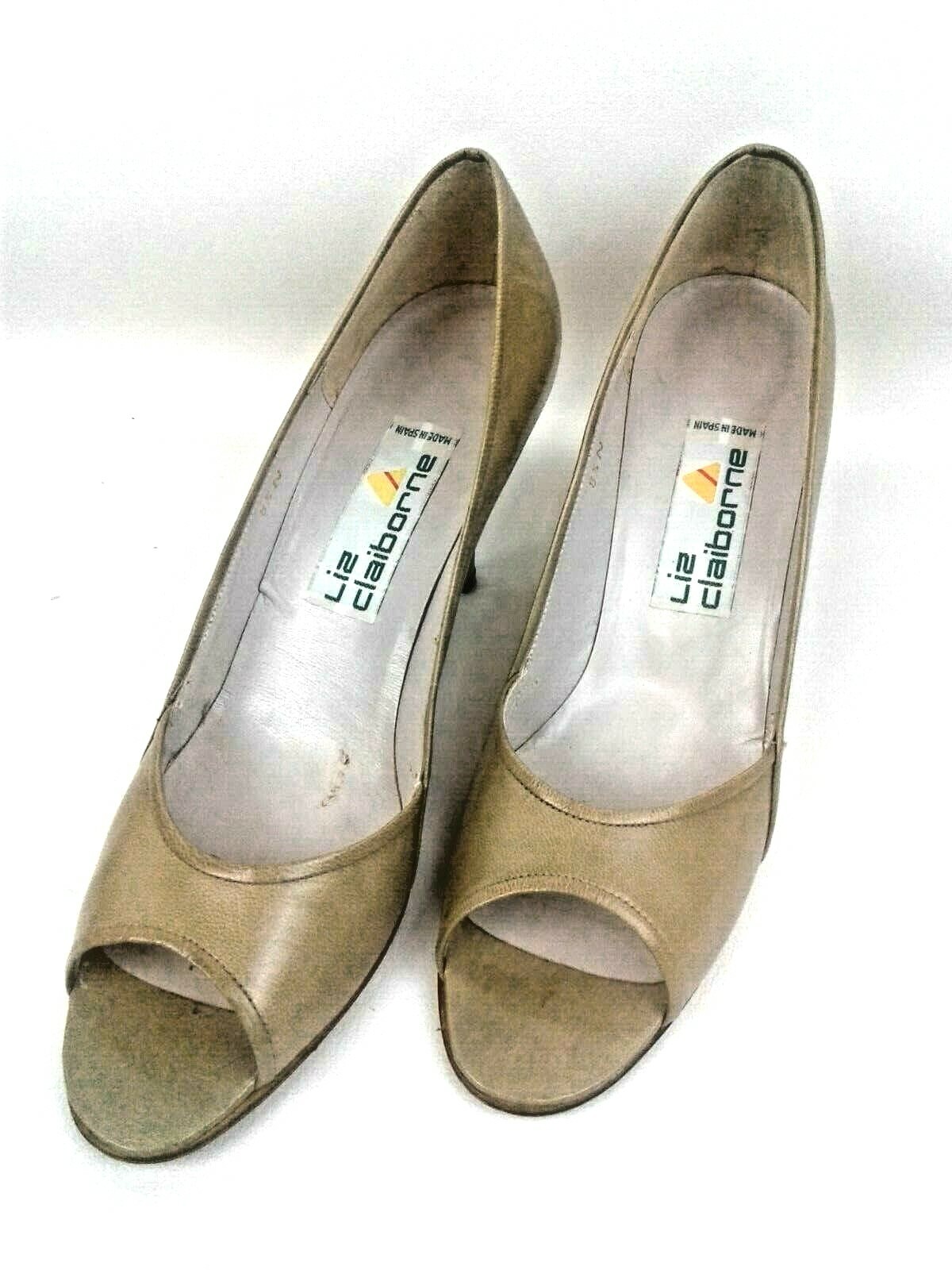 Liz Claiborne Fawn Color 3.25 Heel Open Toe Pumps Made in Spain Size 8.5N