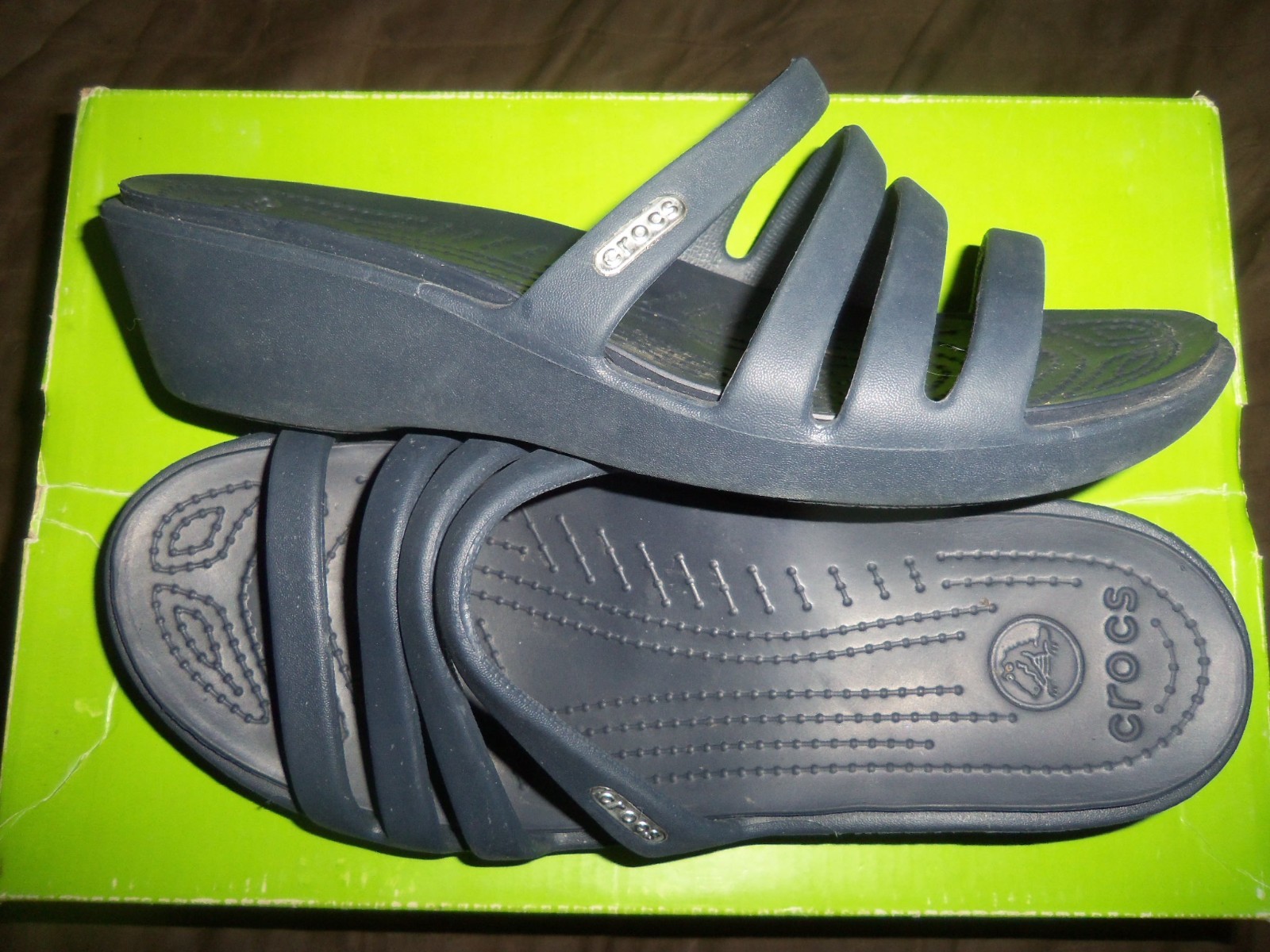 Crocs Rhonda Navy Strappy Wedge Sandals Slip On Shoes Women’s Size 7