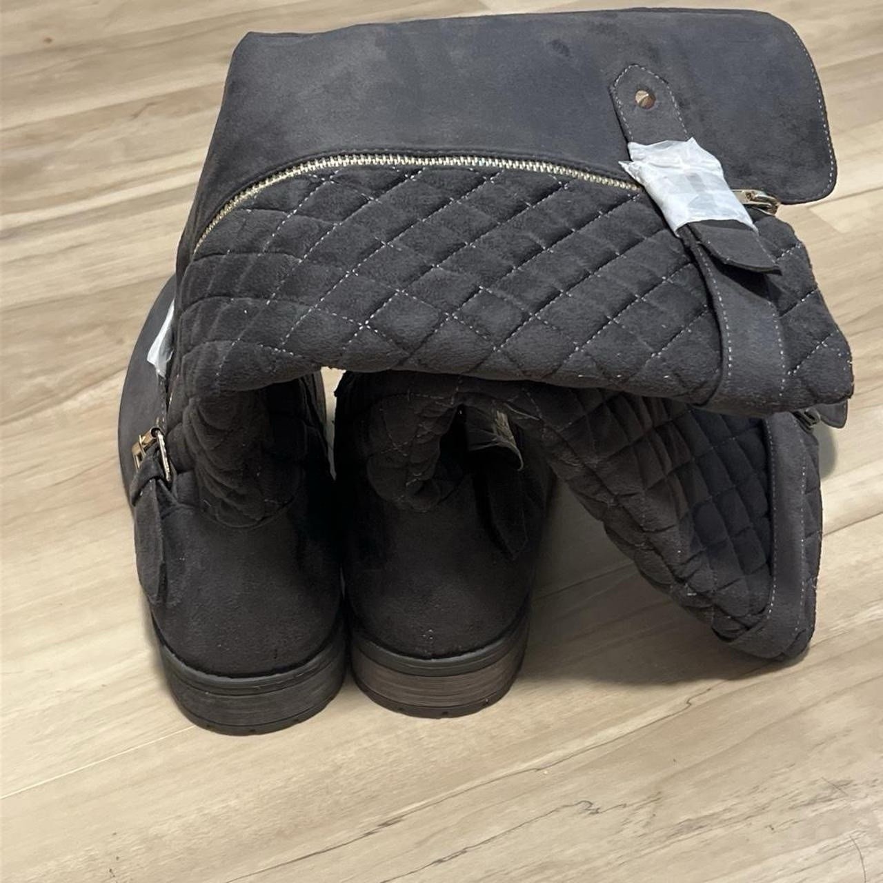 Women’s Black Knee-High Riding Boots Quilted Side Zip Buckle Lug Sole Size 10