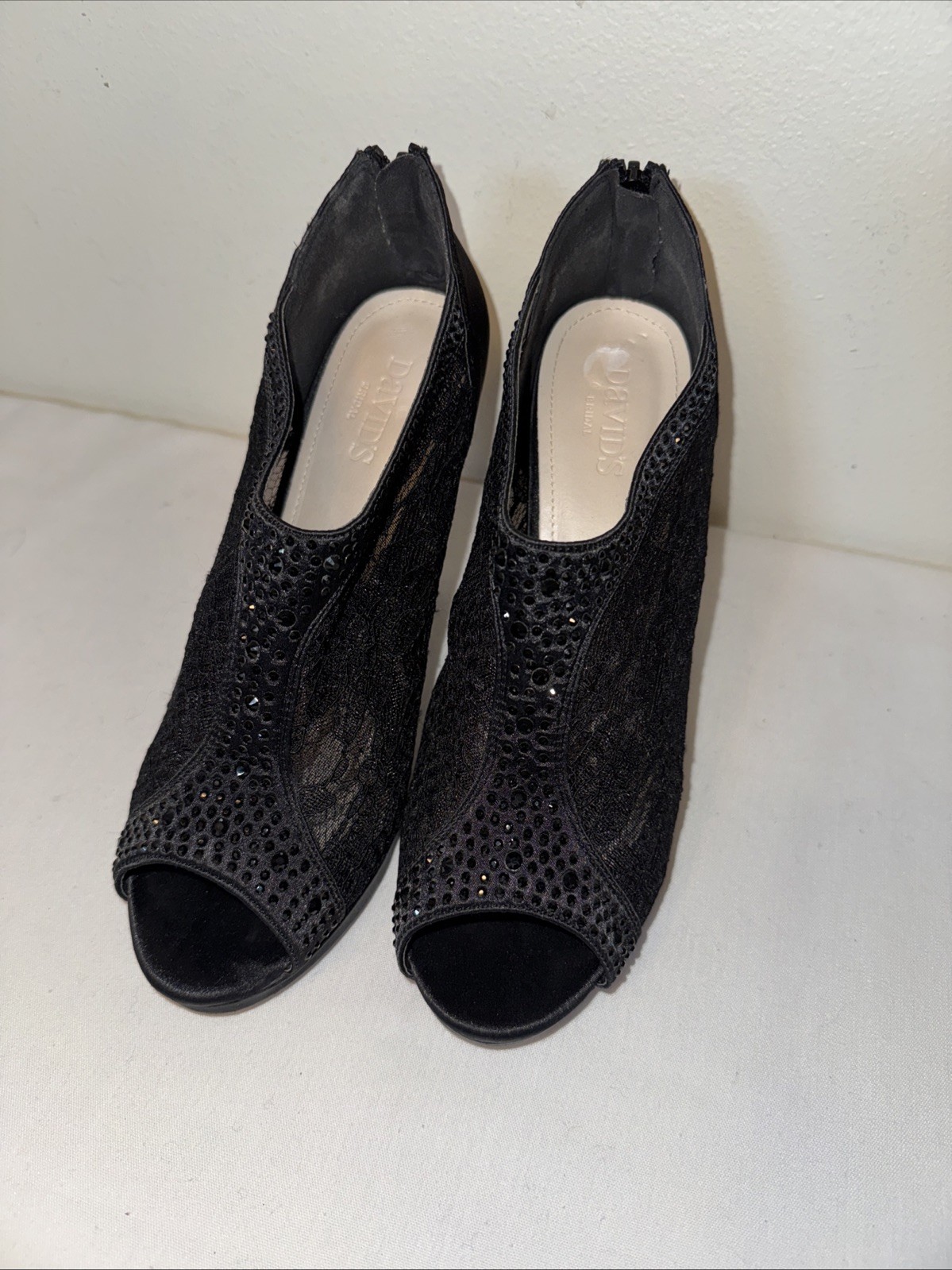 DAVID’S BRIDAL Lace High Heel Shootie with Crystals Sz 10 Black stiletto AYAEL 9