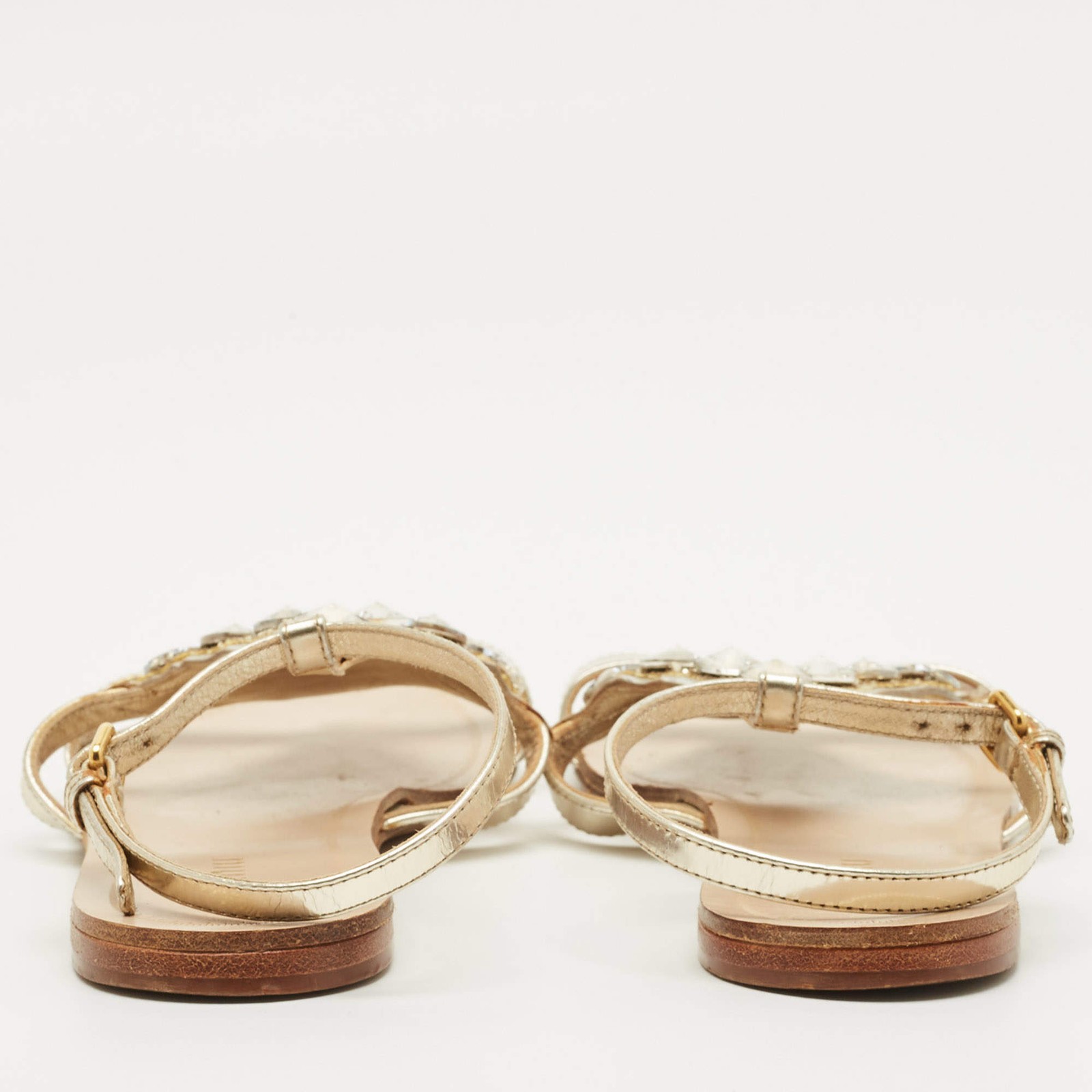 Miu Miu Size 35 Silver Foil Leather Crystal Embellished Ankle Strap Flat Sandals