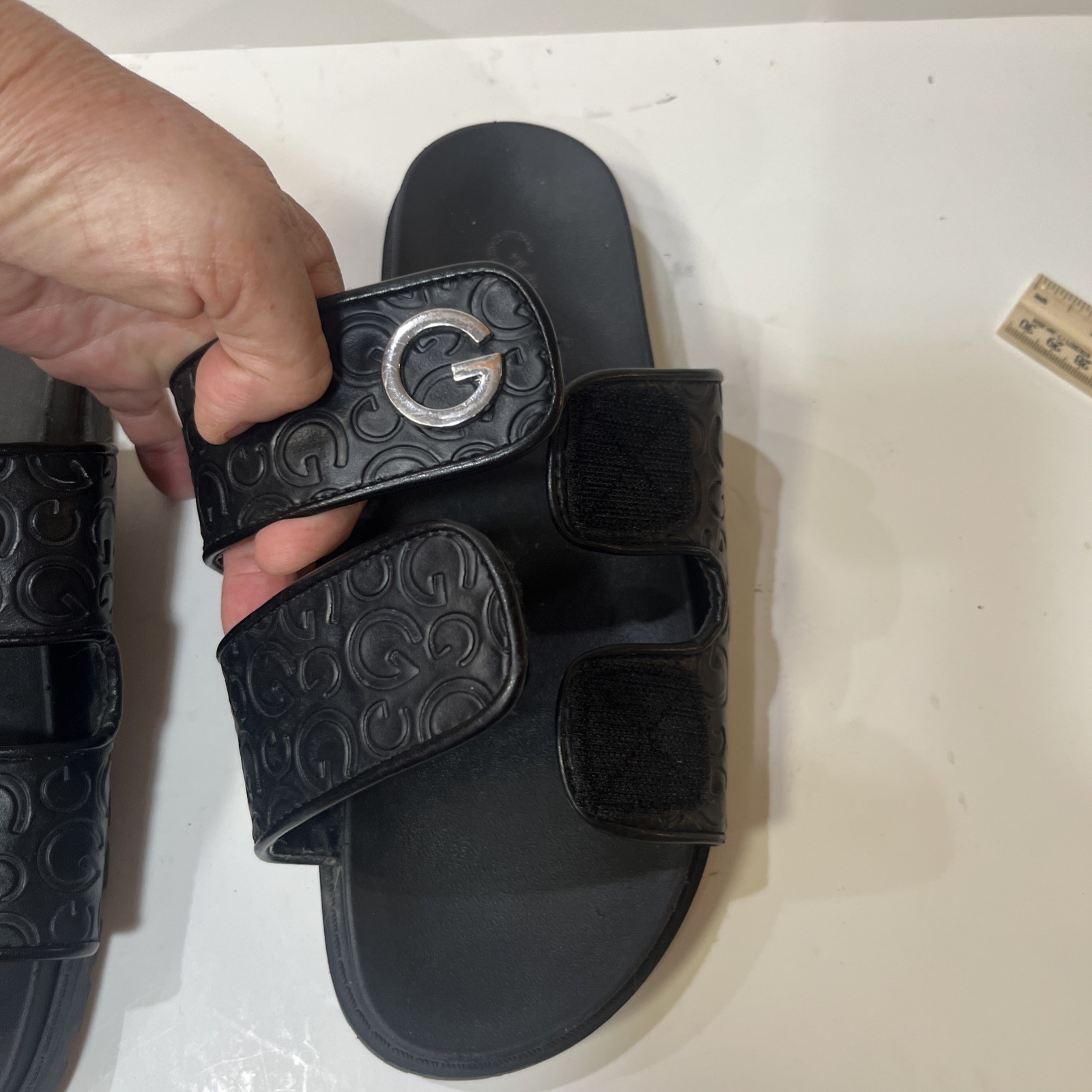 Guess GBG Black Embossed Slides Sandals Silver Accent Size 8M