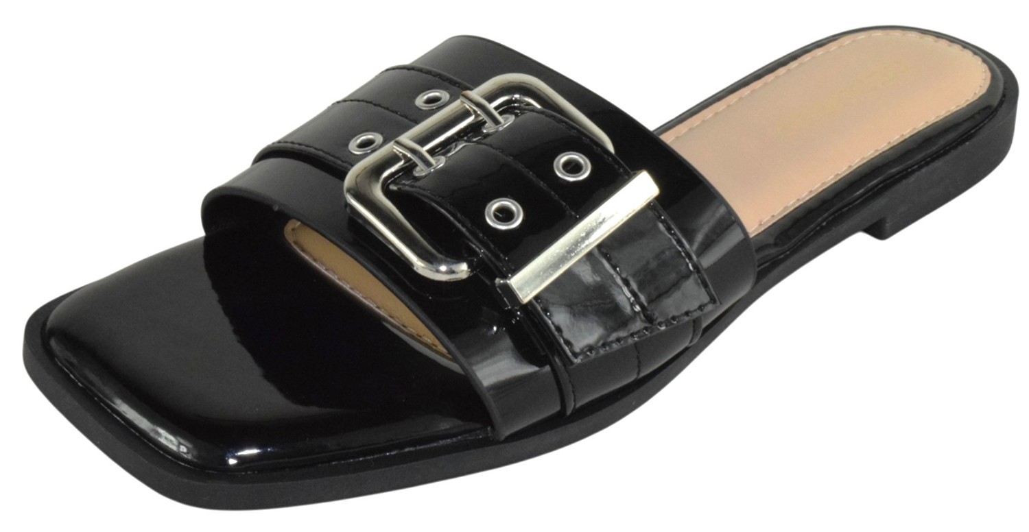 Berness Women Slide Sandals Metal Eyelet Buckle Strap Cushioned TRACE Black
