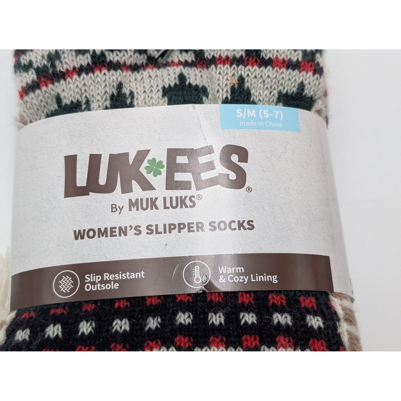 LUK-EES Slipper Socks Womens S/M Green Fair Isle Muk Luks Knit Tassel Cabin Cozy