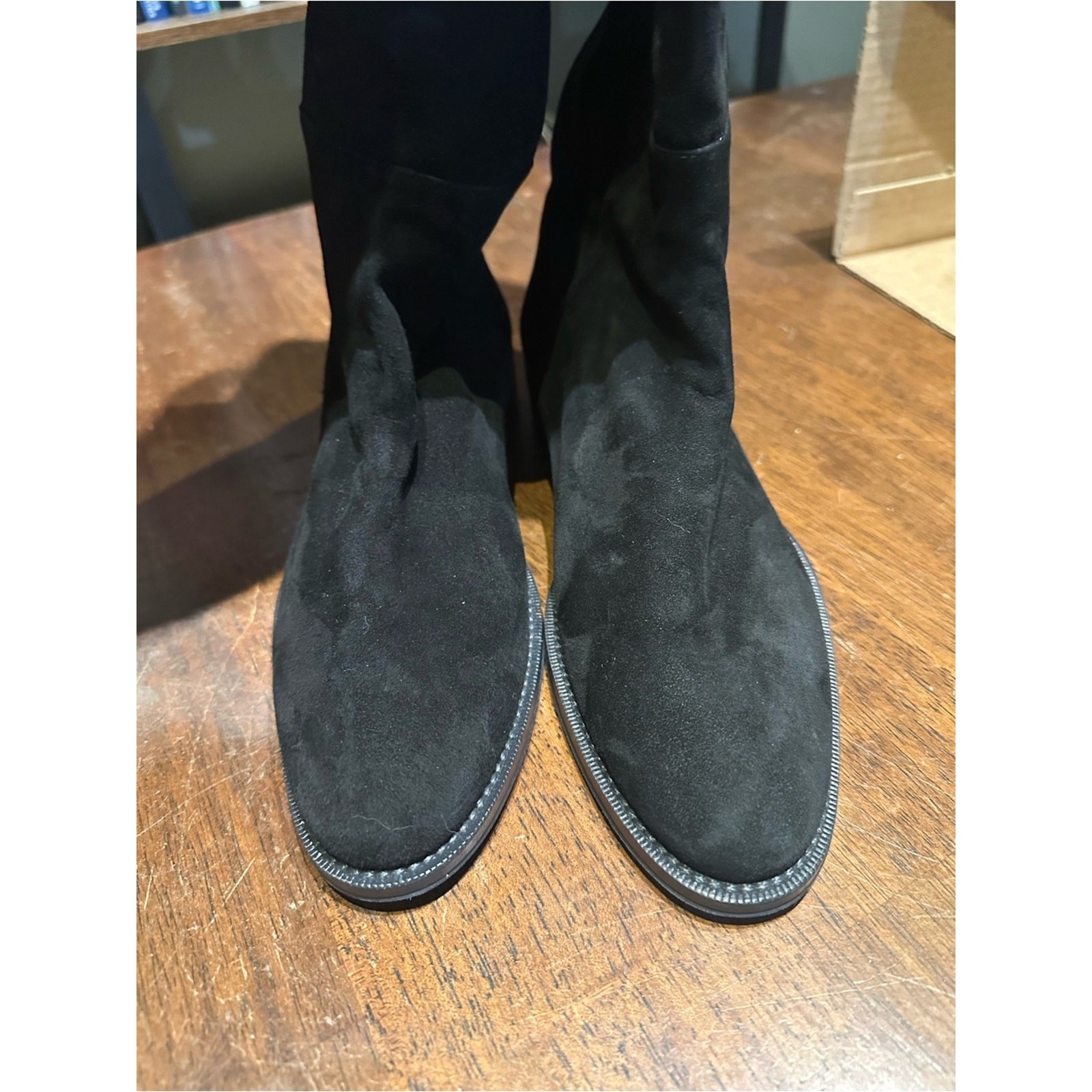 Stuart Weitzman Black Suede Knee High Pull On Flat Boots Size 6.5M Made in Spain