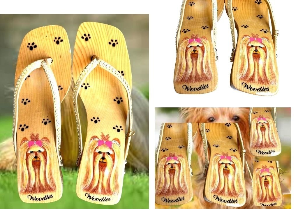 Woodies Yorkie Sandals Size 6 Heels Paw Print Throngs Long Hair Dog Pet READ