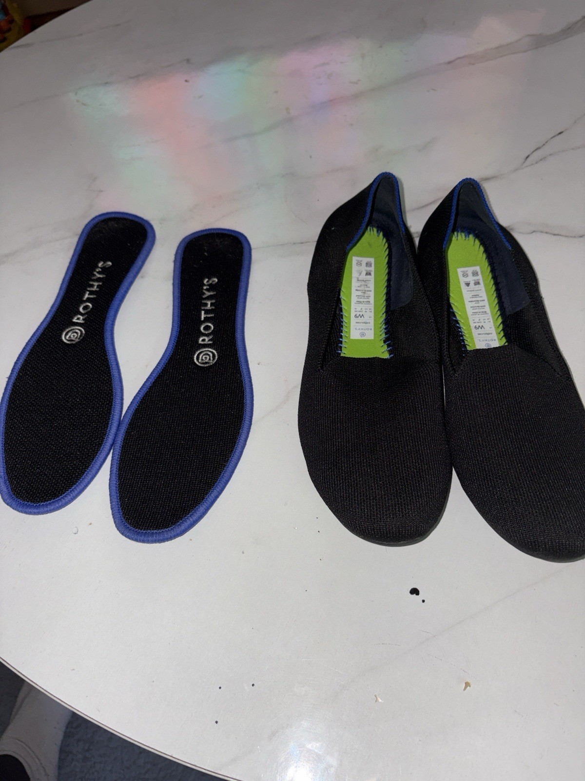 Rothy’s Black Slip-On Loafers with Blue-Trim Insoles