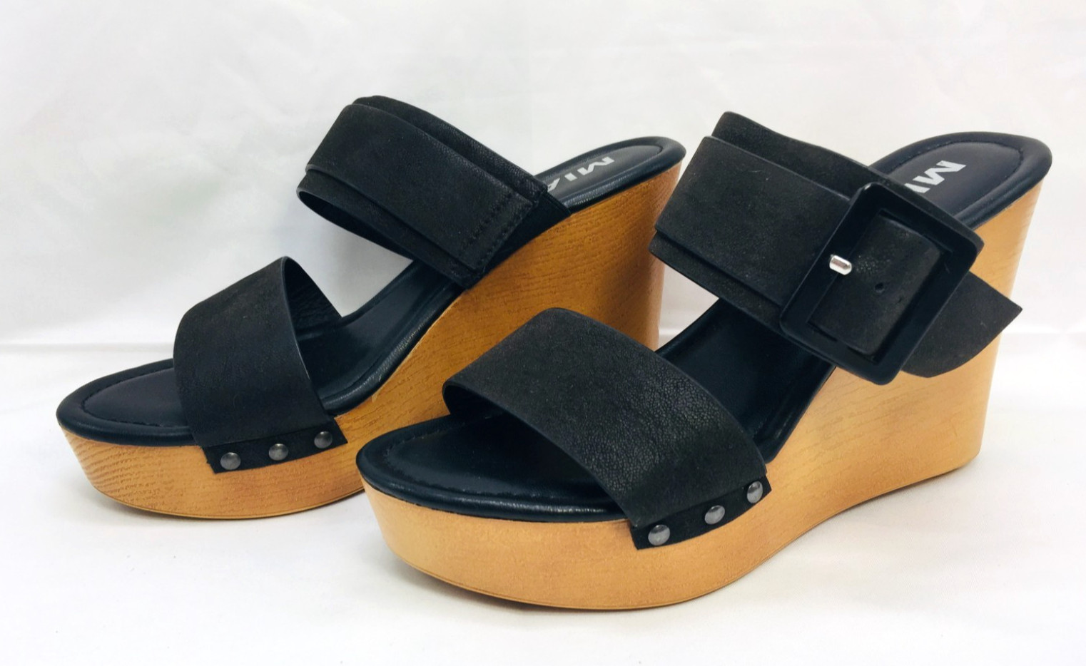 MIA Kristel Women’s Wedges 4.25″ Heel Black Strap Shoes With Buckle Sz 7.5M EUC