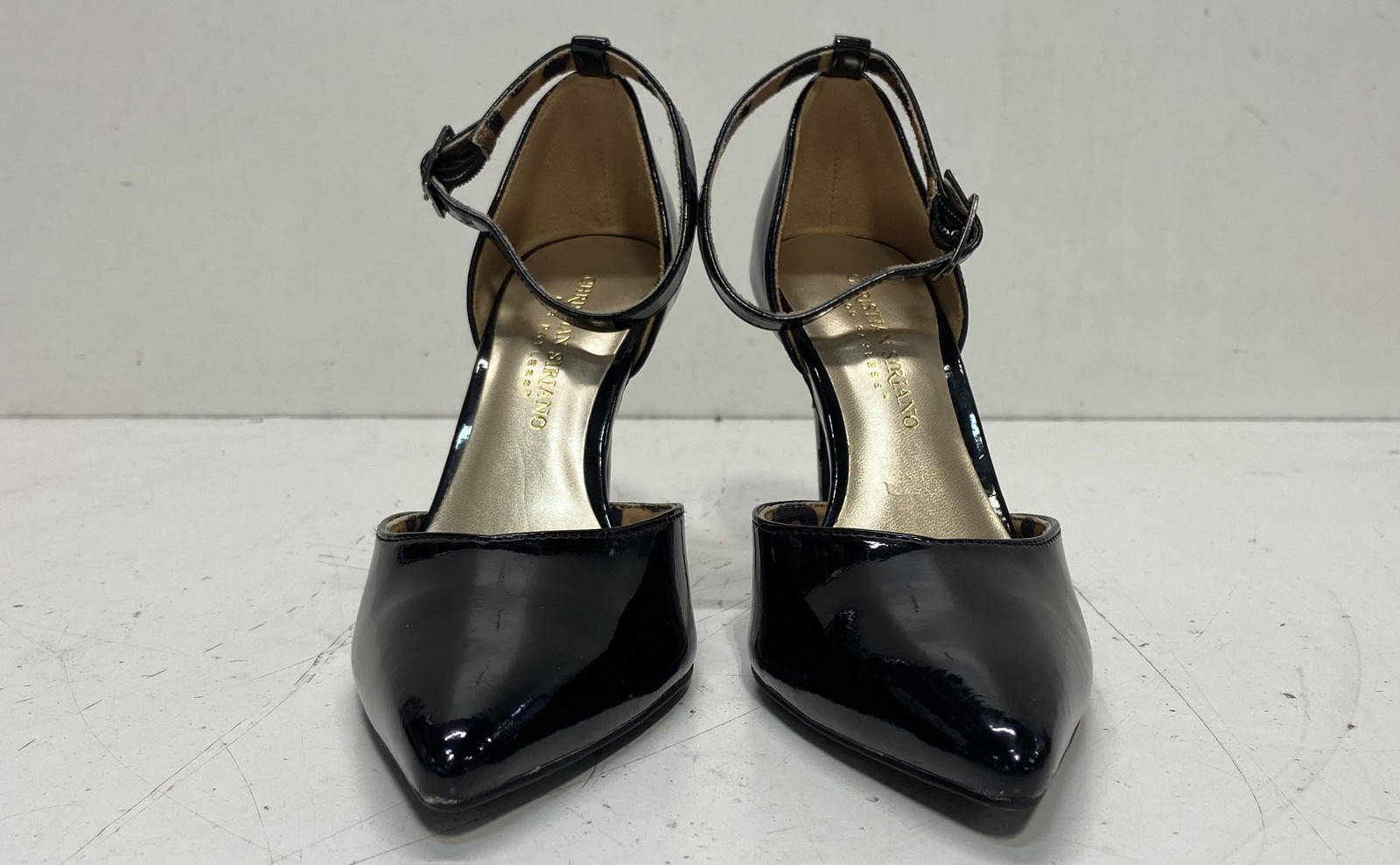 Christian Siriano for Payless Black Patent Pointed Toe Ankle Strap Heels Size 9
