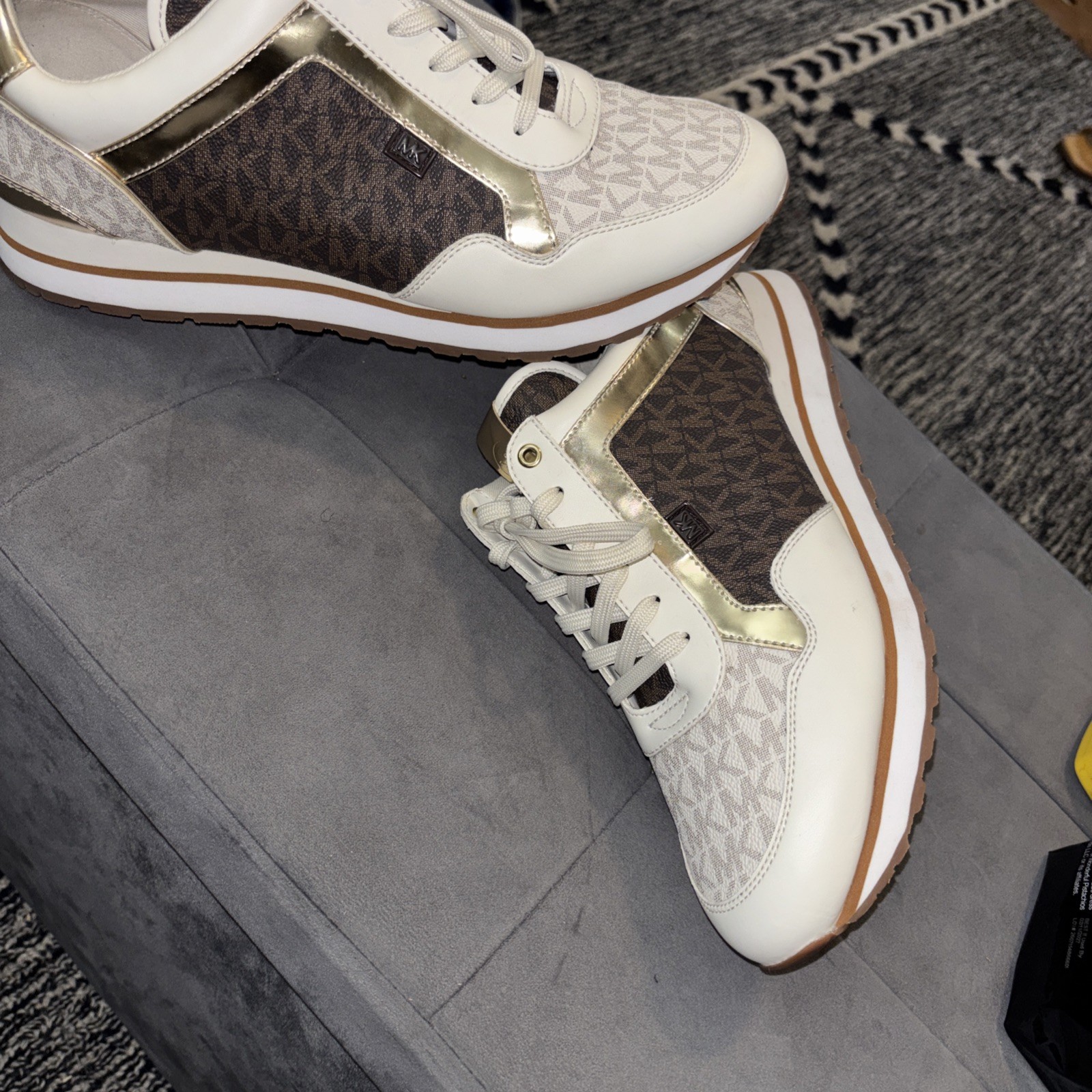 Michael Kors 2020 MADDY TRAINER White Brown Gold MK LOGO SNEAKERS 11M