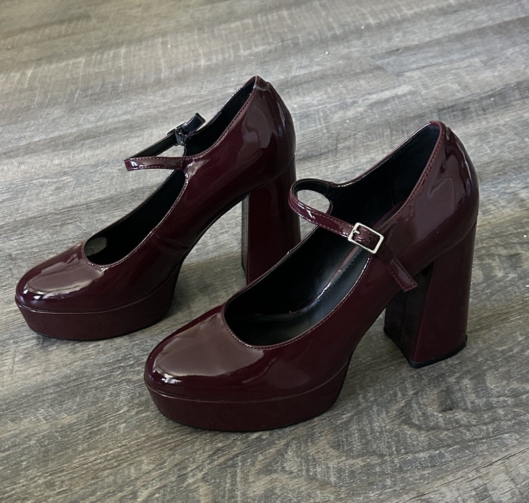 Nine West Burgundy Patent Leather Mary Jane Platform Block Heel Round Toe