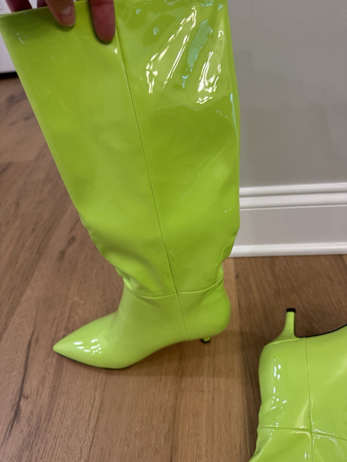 Knee High Boots for Women Stiletto Heel Pointed Toe Patent Pull on 2.6 Inch
