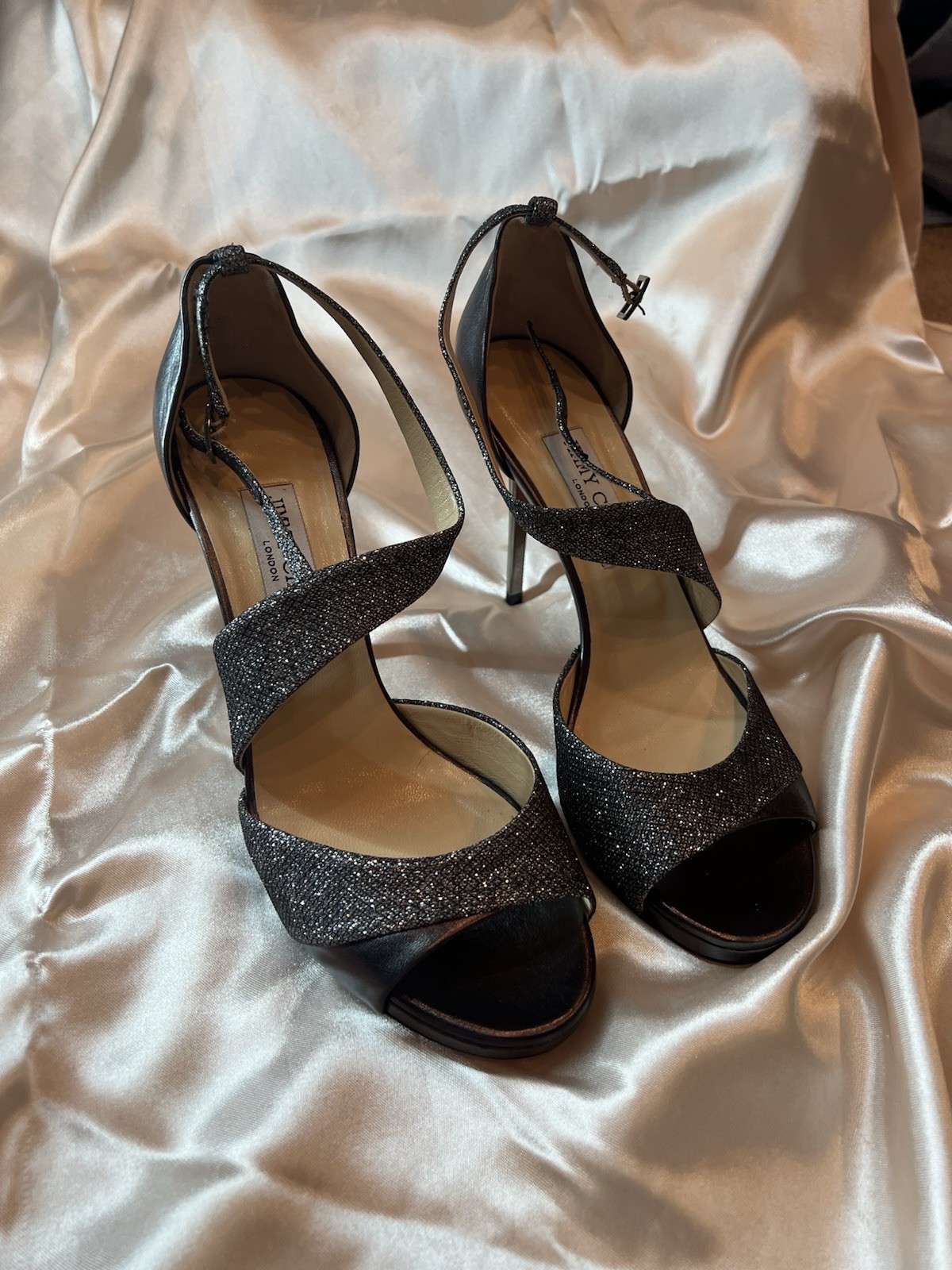 Jimmy Choo Black/Silver Glitter Ankle Strap Stiletto Open Toe Leather 9.5