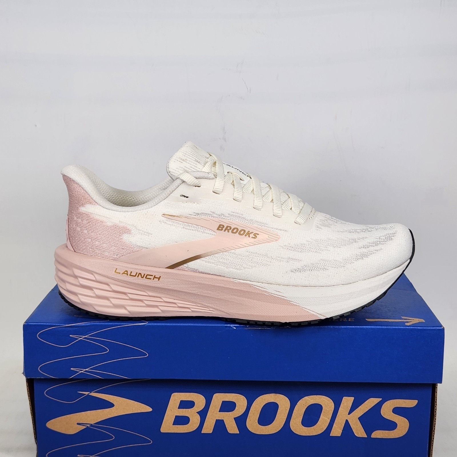 Brooks Women’s Launch 11 Neutral Running Shoe, Color: White/Gold/Pink