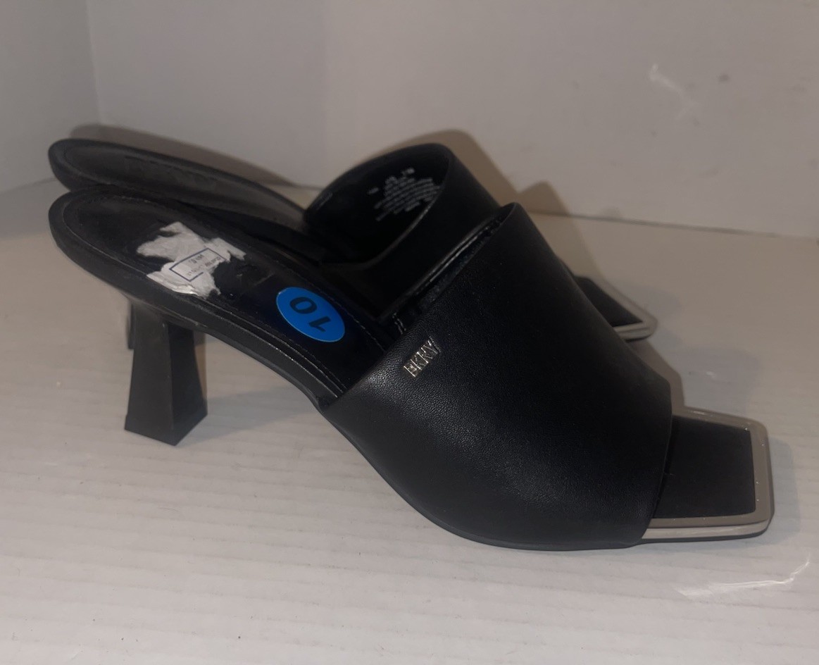 DKNY Black Slip On Square Open Toe Heels Women’s Size 10 Block Heel Designer