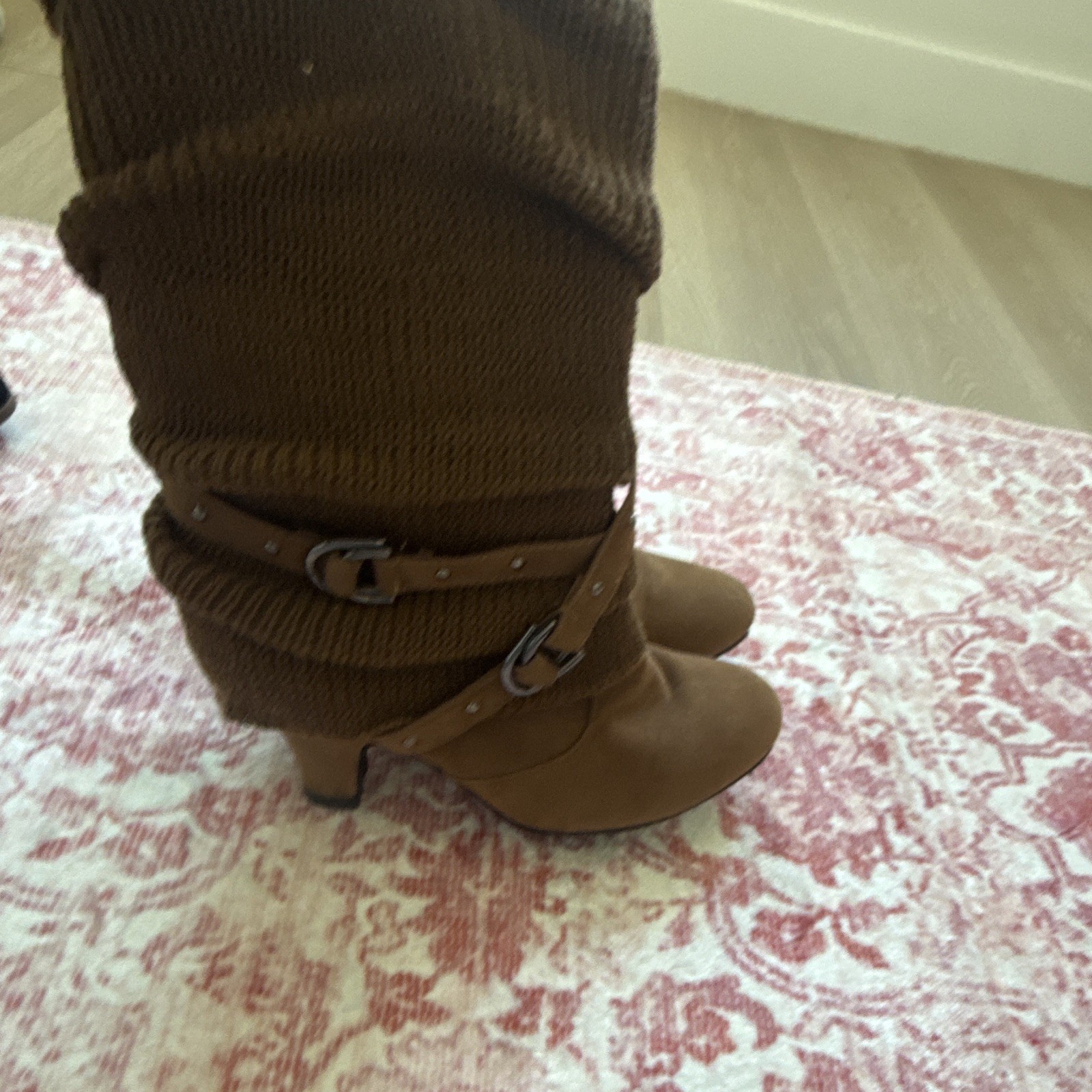 Women’s Brown Mid-Calf Knit Boots Round Toe Buckle Straps Rubber Sole US 6
