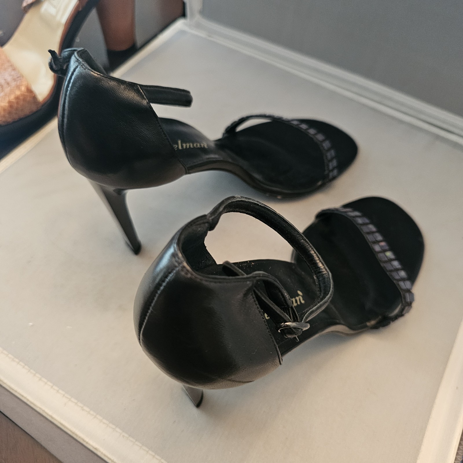Delman Made in Spain Size 10.5 M Black Open Toe 4″ High Heels, See Pics for Cond