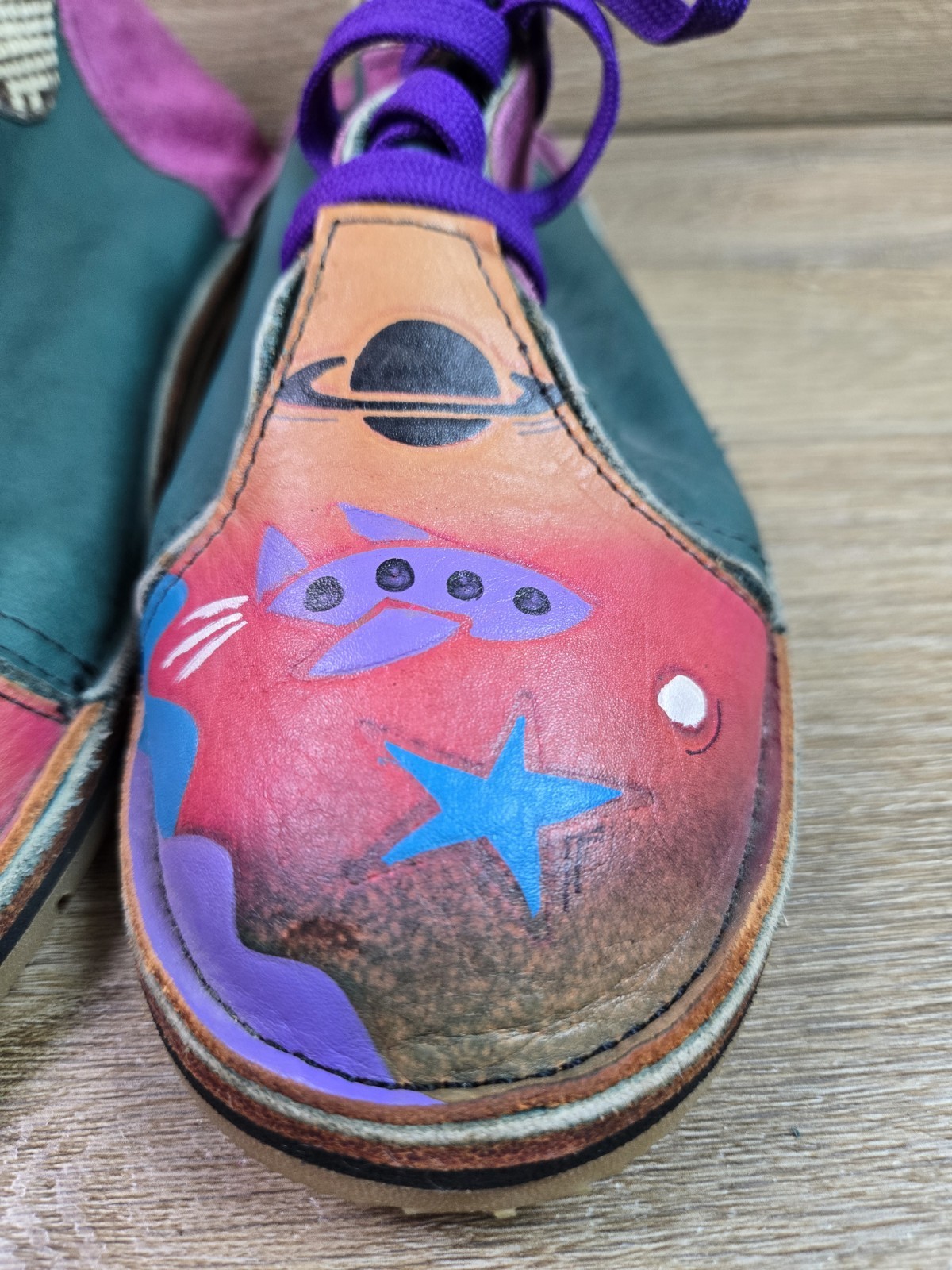 Hand Painted Leather Shoe Sz 8 Vibram Soles UFO Space Wearable Art Handmade Boho