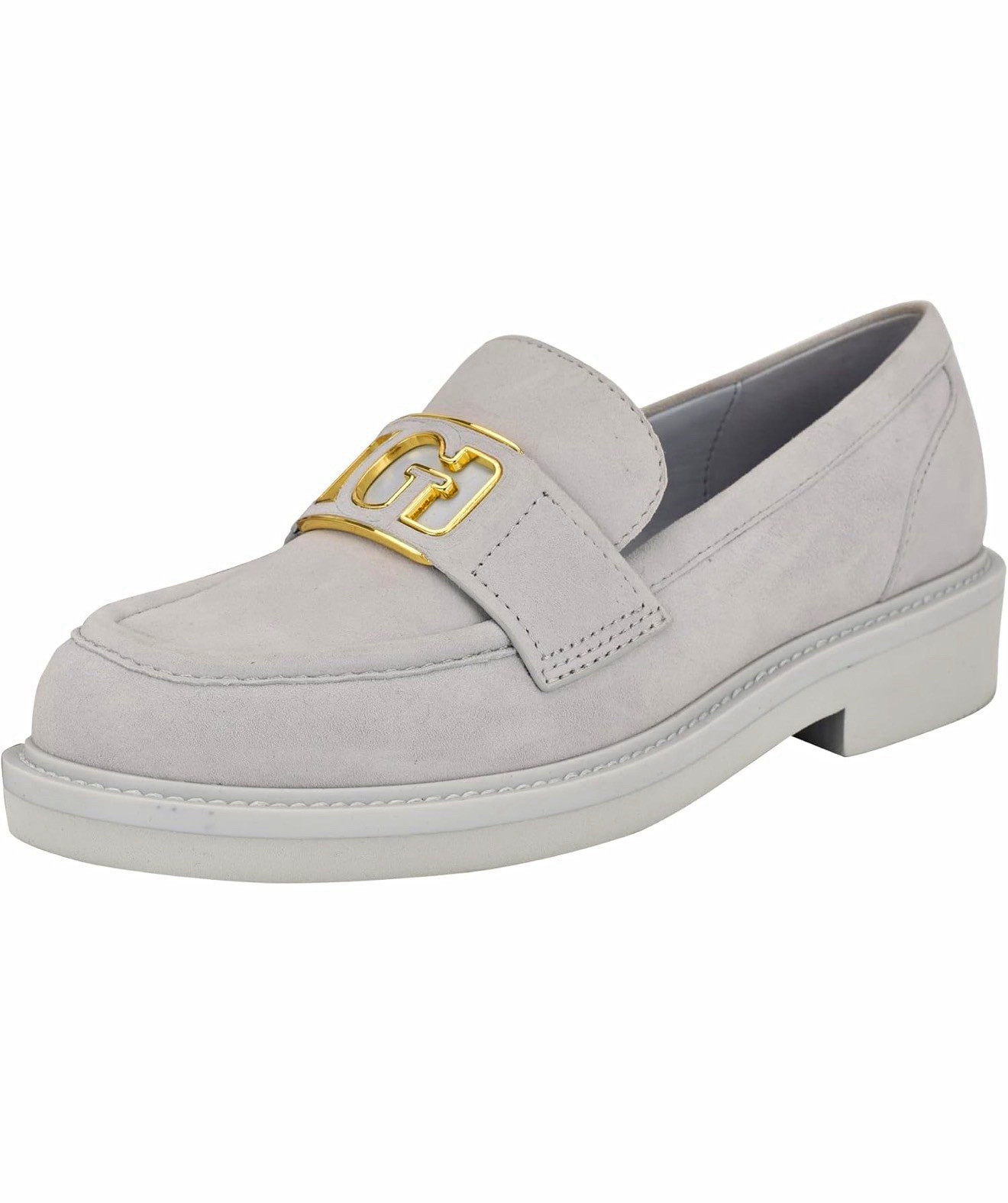 GUESS Women’s Gray Suede Slip-On Loafer Flats Round Toe Gold Logo Accent 7