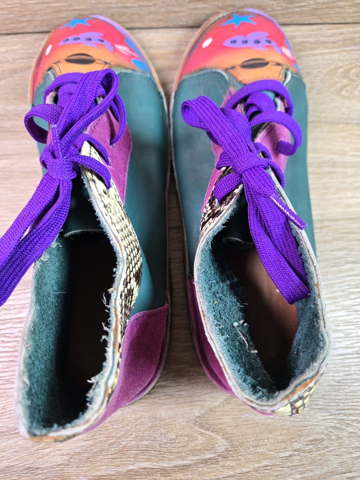 Hand Painted Leather Shoe Sz 8 Vibram Soles UFO Space Wearable Art Handmade Boho
