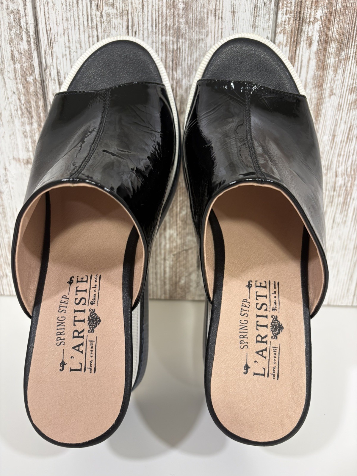 L’Artiste Black Leather Open Toe Slip-On Wedge Slide Sandals Sz EU 39 US Sz 8.5