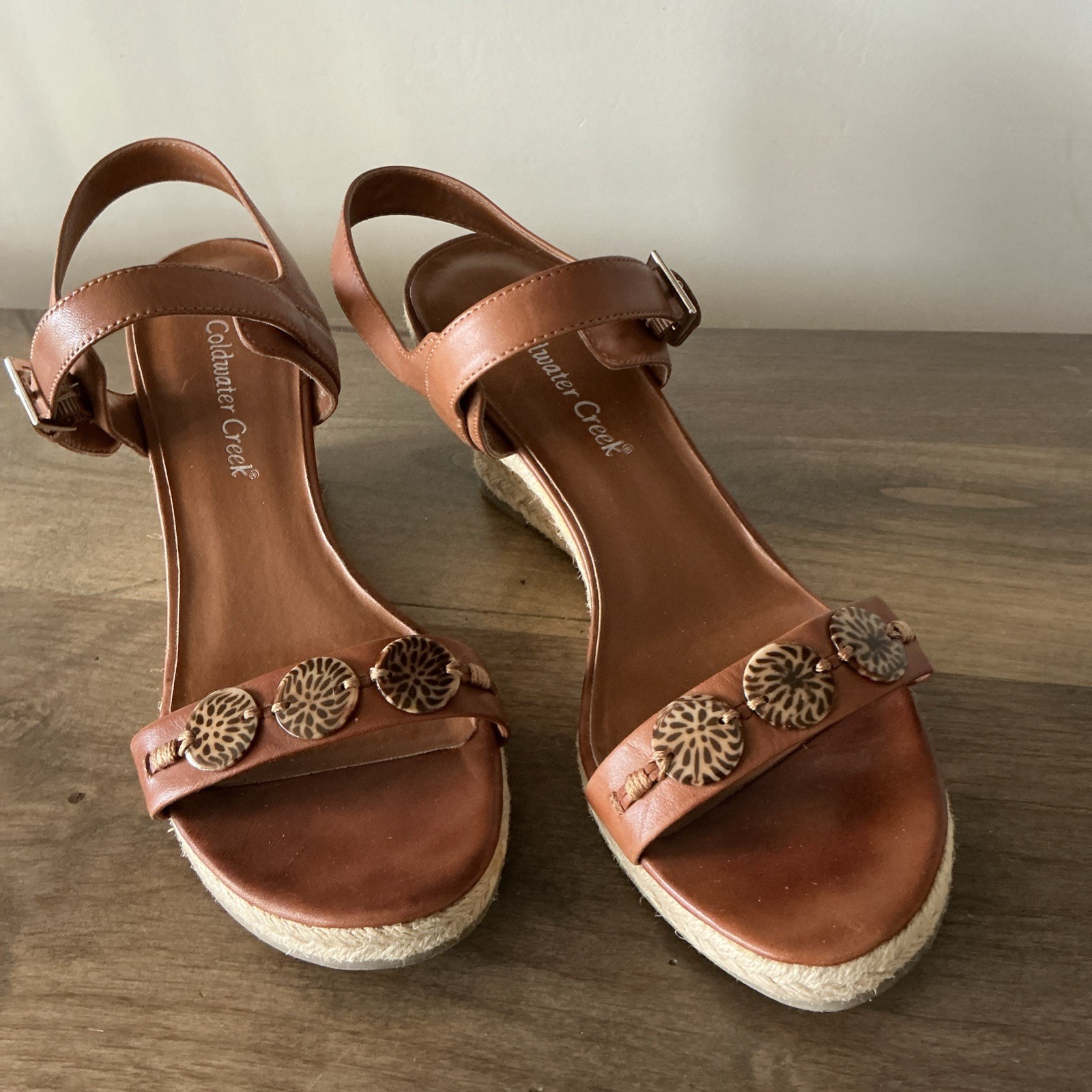 Coldwater Creek Wedge Espadrille Brown Leather Sandal Size 9