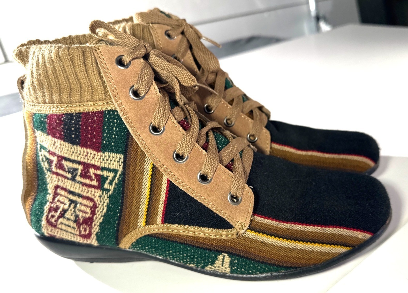 Handmade High-Top Sneakers With Knit Trim & Ethnic Woven Design