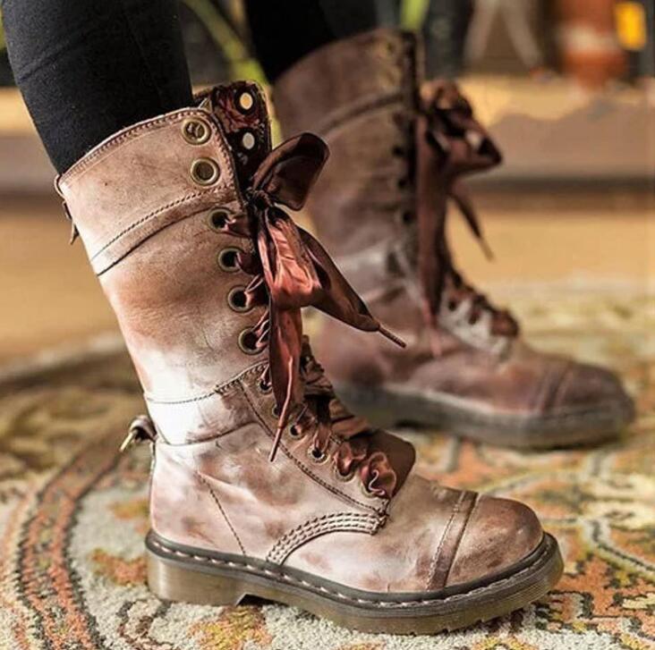 Retro Womens Mid Calf Boots Lace Up Biker Punk Military Combat Ankle Bootie Shoe