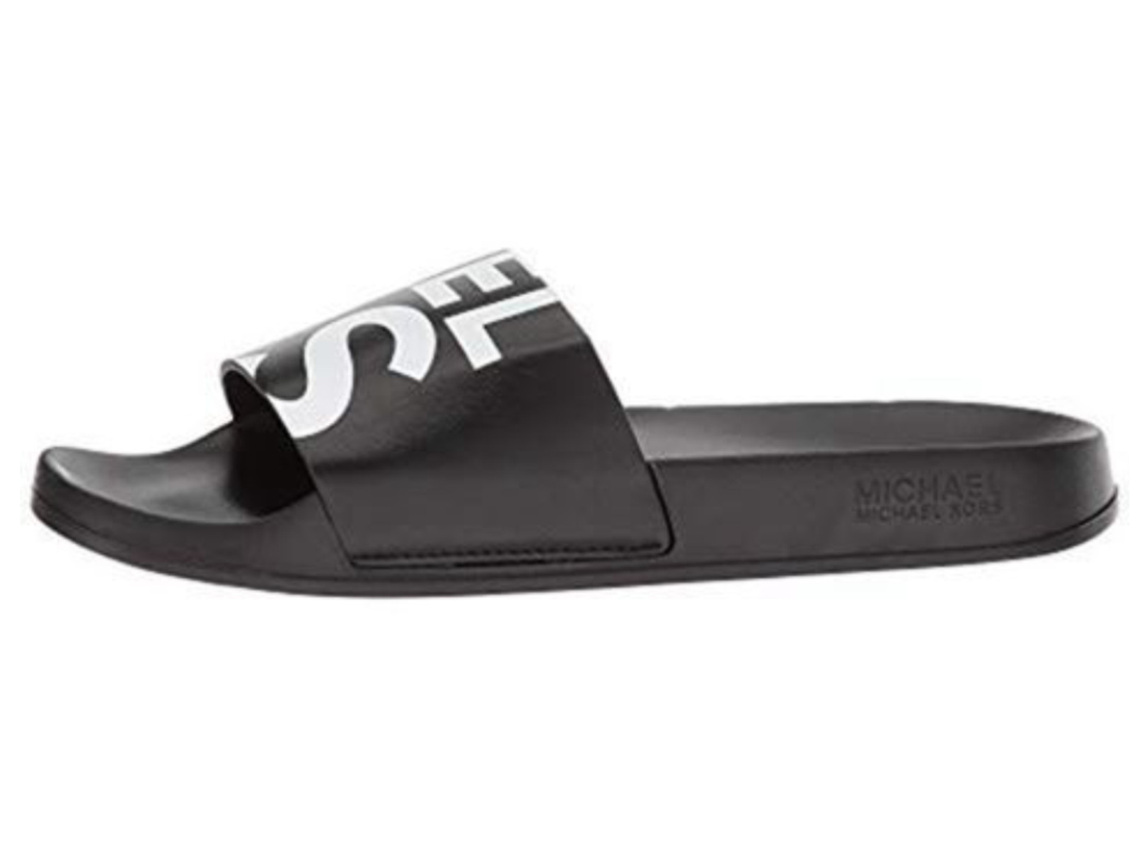 MICHAEL KORS Women MK Logo T-Strap Slides Flat Sandals Black White 6,7,8,9,10,11