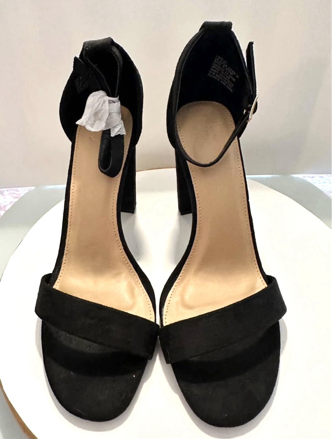 JUSTFAB Lorelai black Faux Suede Block high Heel Open Toe Ankle Strap Sandal 6.5