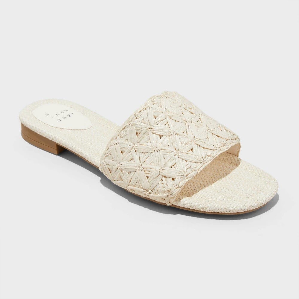 Women’s Ariella Woven Raffia Slide Sandals with Memory Foam Insole White 9