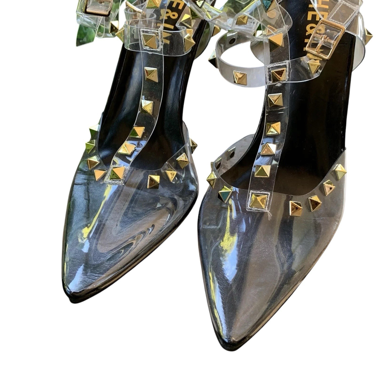 She & In Clear Acrylic Gold Studded Cage Pointed Toe Heels Size EU 39 US 8.5
