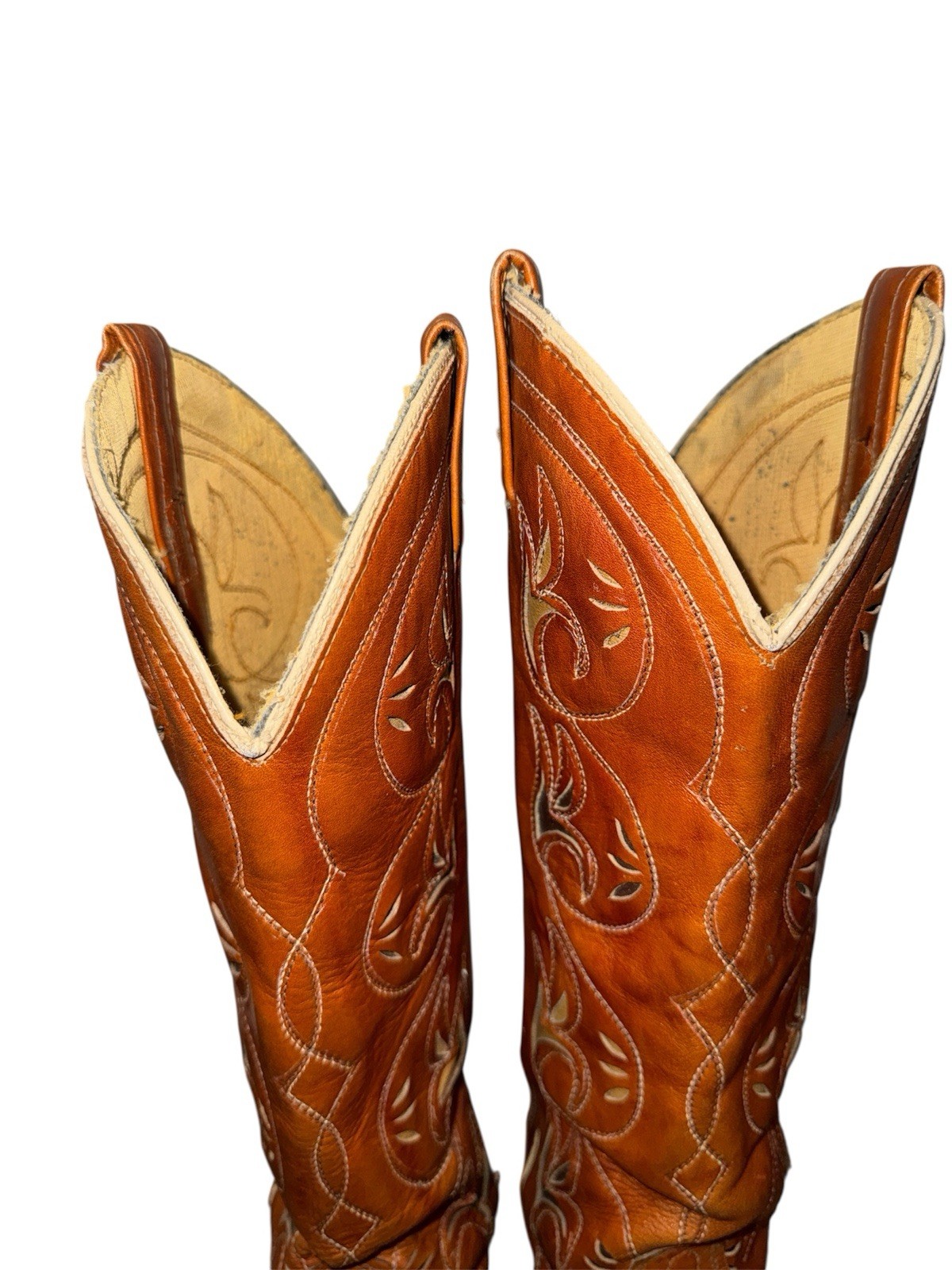 VTG 70s Acme Inlay Flowers Western Cowboy Boots USA Made Brown 7 C Rockabilly