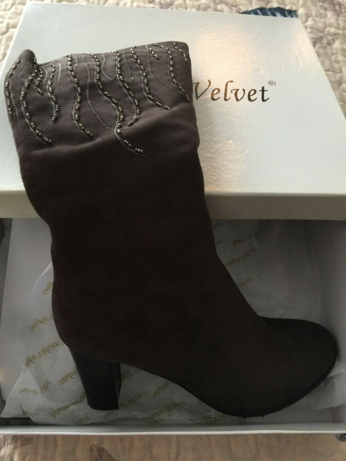 MIDNIGHT VELVET BROWNISH GRAY SUEDE BEADED HEELED DRESS BOOTS IN 7.5 MEDIUM