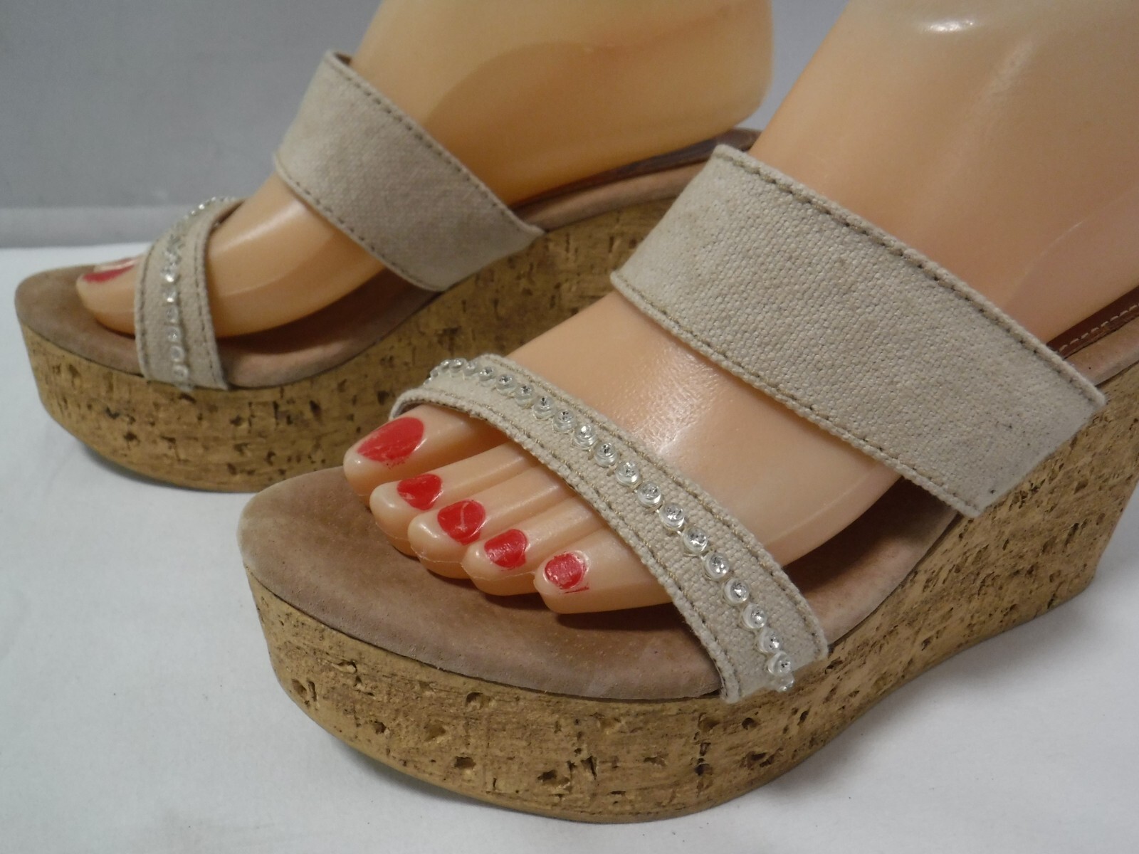 PF2 SBICCA Vintage Collection Cork Platform Beige Canvas Wedge Heel Sandals 8 39